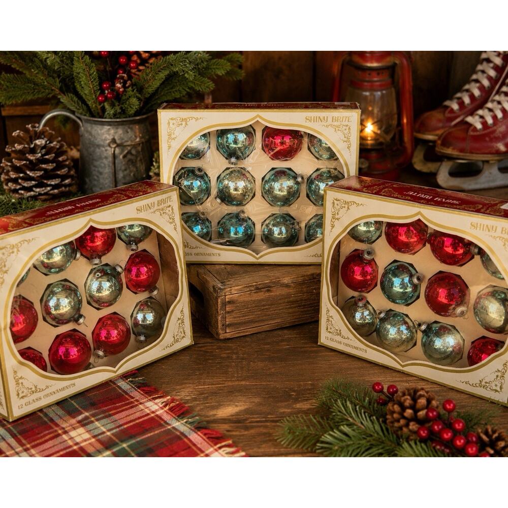 Vintage Shiny Brite Glass Christmas Ornaments Lot 36 Red Blue Silver Boxed USA